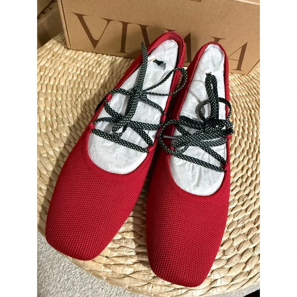 Vivaia Red Square Toe Knit Ballet Flats Lace Up Polka Dot size‎  EU/39 US/8